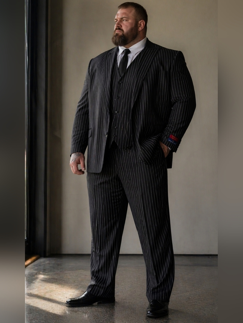 APOLLO KING Black White Stripe Suit Big & Tall 58W, 2 PC Set